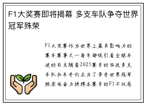 F1大奖赛即将揭幕 多支车队争夺世界冠军殊荣